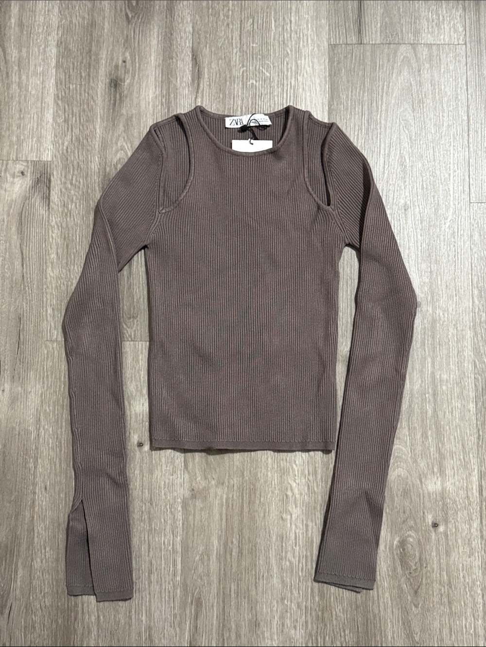 Zara Taupe Ribbed Long-Sleeve Top with Shoulder Cutouts